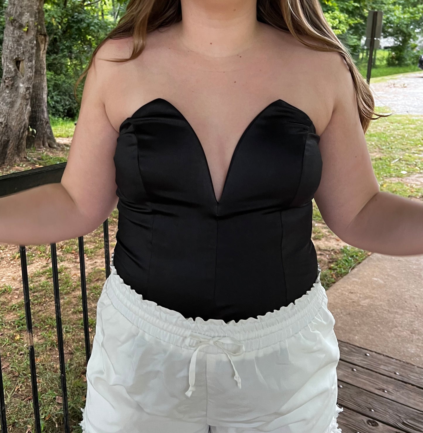 Black Strapless Deep V Liz Bodysuit