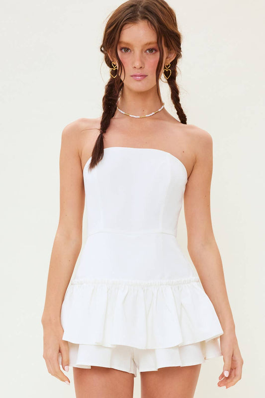 OFF SHOULDER FITTED ROMPER WITH RUFFLED BOTTOM